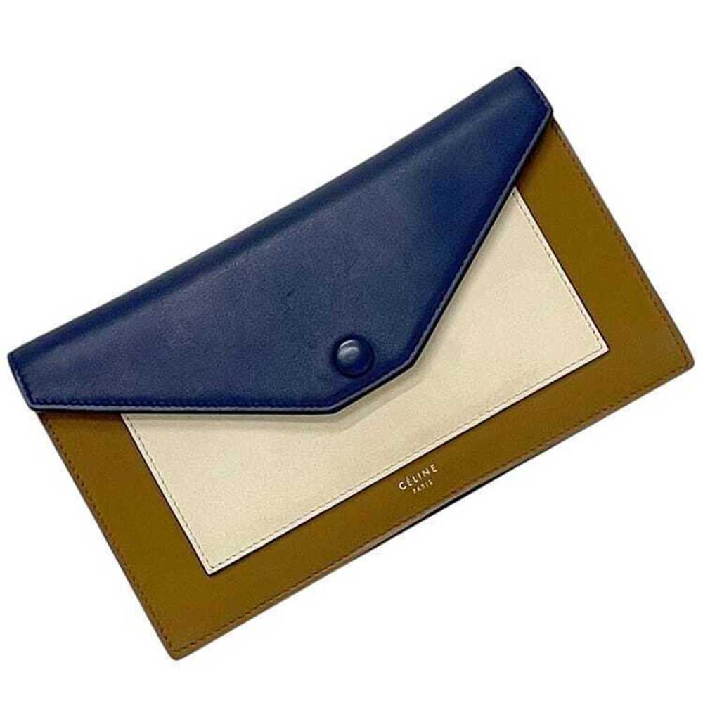 Celine Bifold Long Wallet Navy Leather Snap Closure Bi Flap Blue White